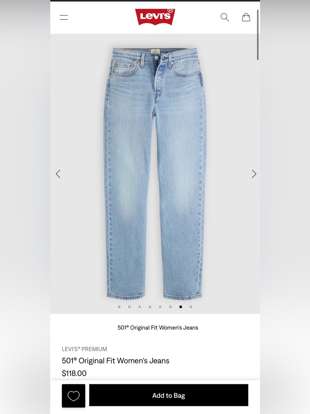 5. Levi’s Premium 501 Original Fit Jeans W25 L26 Light Wash